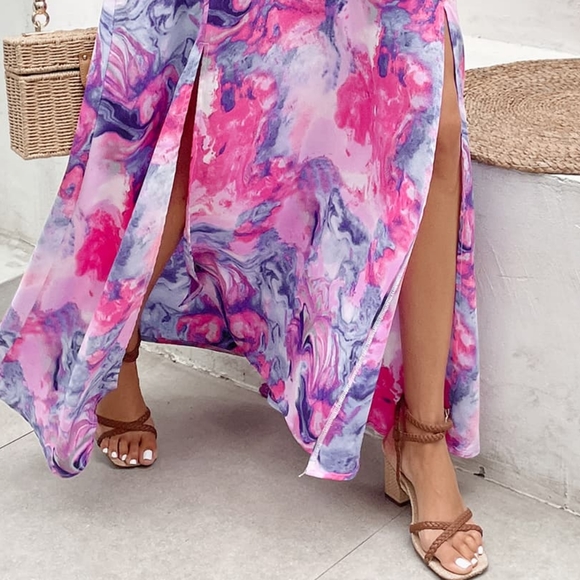 Pink Printed Open Back Slit Dress - Picture 5 of 8